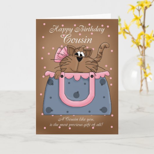 Neef Verjaardag Kaart - Schattigee Cat Purse Pet (Gele Bloem)