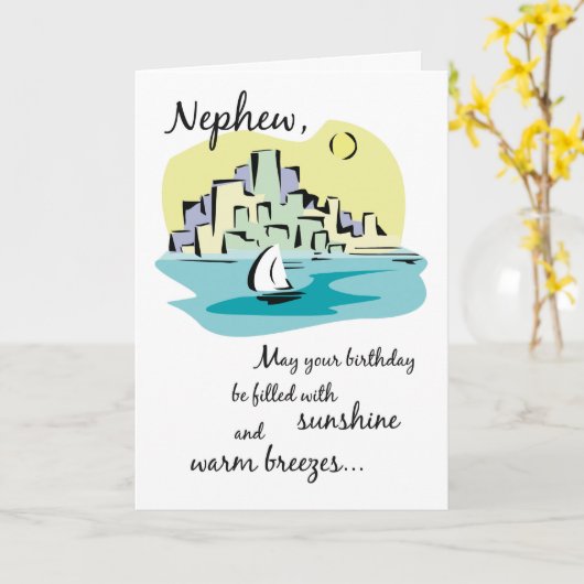 Neef Zeilboot Stad Verjaardag Kaart (Gele Bloem)