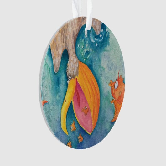 "Neem de plunge!" Pelican & Fish Art Ornament (voorkant)
