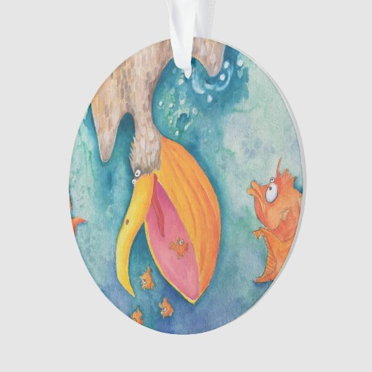 "Neem de plunge!" Pelican & Fish Art Ornament (voorkant)
