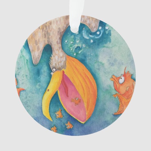 "Neem de plunge!" Pelican & Fish Art Ornament (voorkant)
