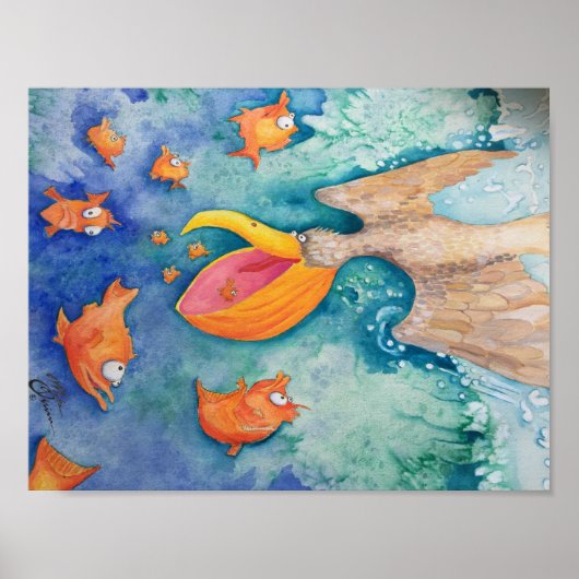 "Neem de plunge!" Pelican & Fish Art Poster (Voorkant)