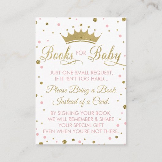 Neem een boek mee Kaart, prinses, Baby shower Informatiekaartje (Voorkant)