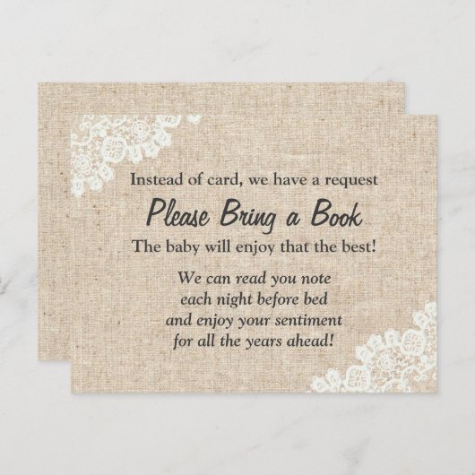 Neem een boek mee Rustic Lace Burlap Baby shower I Uitnodiging Briefkaart (Voorkant / Achterkant)