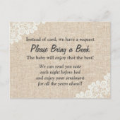Neem een boek mee Rustic Lace Burlap Baby shower I Uitnodiging Briefkaart (Voorkant)