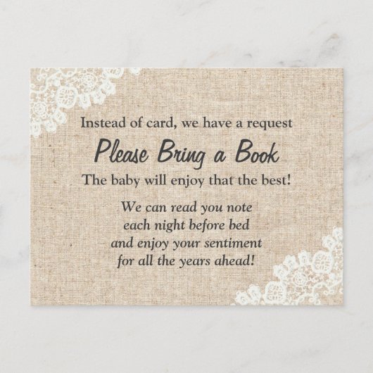 Neem een boek mee Rustic Lace Burlap Baby shower I Uitnodiging Briefkaart (Voorkant)