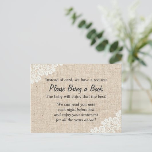 Neem een boek mee Rustic Lace Burlap Baby shower I Uitnodiging Briefkaart (Staand voorkant)
