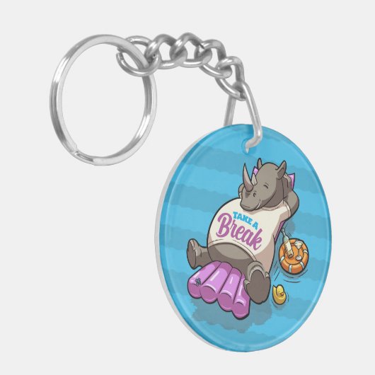 Neem een pauze Funny Relaxed Rhino Poolside Cartoo Sleutelhanger (Voorkant Links)