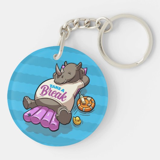 Neem een pauze Funny Relaxed Rhino Poolside Cartoo Sleutelhanger (Achterkant)