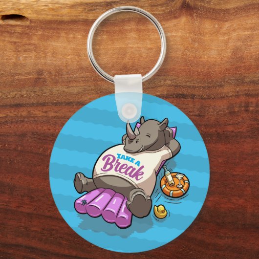 Neem een pauze Funny Relaxed Rhino Poolside Cartoo Sleutelhanger (Achterkant)