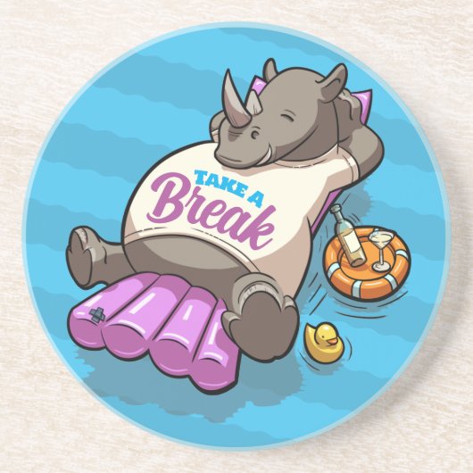 Neem een pauze Funny Relaxed Rhino Poolside Cartoo Zandsteen Onderzetter (Voorkant)