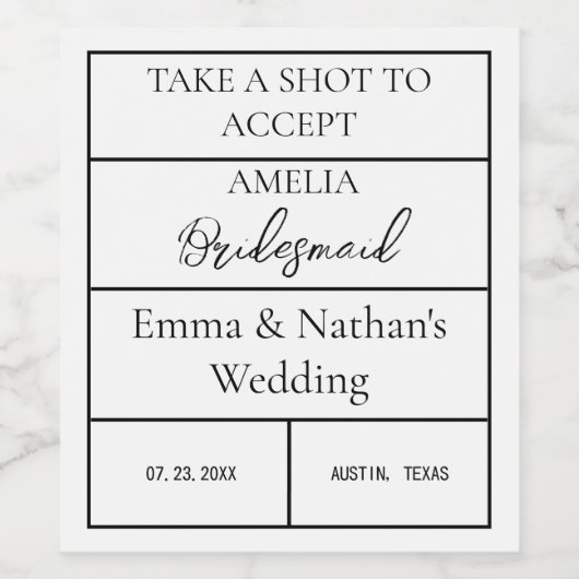 Neem een schot om bruids partij huwelijksgunsten t wijn etiket (Enkel label)