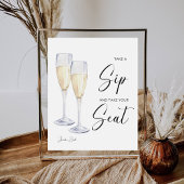 Neem een slok en neem plaats bruiloftsreceptie reclamebord met voetstuk