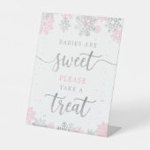 Neem een traktatie roze zilver winter Baby shower Reclamebord Met Voetstuk (Voorkant)