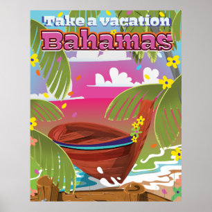 Neem een vakantie! Bahama's cartoon reisprint. Poster