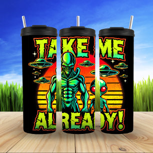 Neem me nu al, retro-stijl groene huid aliens thermosbeker