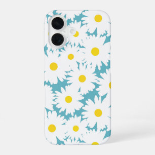 Negatieve ruimte Madeliefjes wit geel op blauw iPhone 16 Hoesje