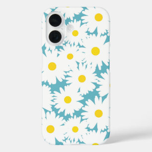 Negatieve Space Daisies wit geel op blauw iPhone 16 Hoesje