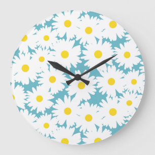 Negatieve Space Daisies wit geel op blauw Grote Klok