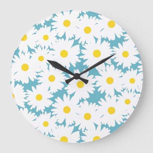 Negatieve Space Daisies wit geel op blauw Grote Klok (Voorkant)