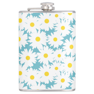 Negatieve Space Daisies wit geel op blauw Heupfles