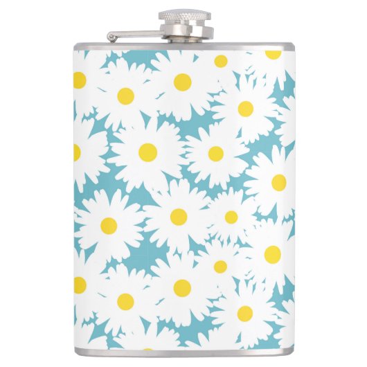 Negatieve Space Daisies wit geel op blauw Heupfles (Voorkant)