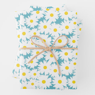 Negatieve Space Daisies wit geel op blauw Inpakpapier Vel