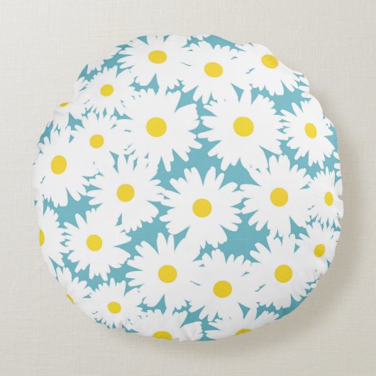 Negatieve Space Daisies wit geel op blauw Rond Kussen (Voorkant)