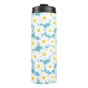 Negatieve Space Daisies wit geel op blauw Thermosbeker