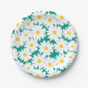 Negatieve Space Daisies wit geel op groen Papieren Bordje
