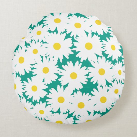 Negatieve Space Daisies wit geel op groen Rond Kussen (Voorkant)