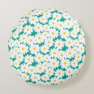 Negatieve Space Daisies wit geel op groen Rond Kussen
