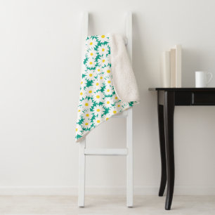 Negatieve Space Daisies wit geel op groen Sherpa Deken