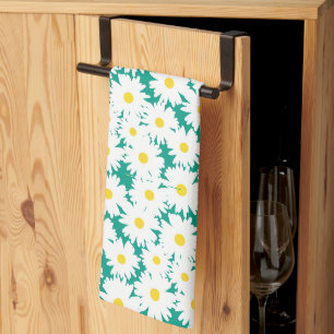 Negatieve Space Daisies wit geel op groen Theedoek