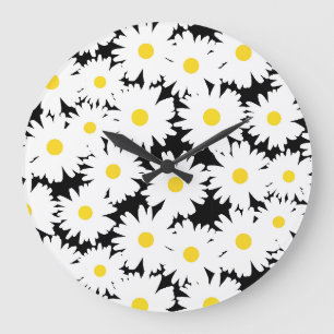 Negatieve Space Daisies wit geel op zwart Grote Klok