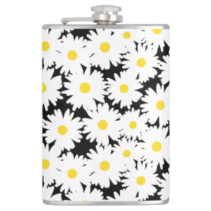 Negatieve Space Daisies wit geel op zwart Heupfles
