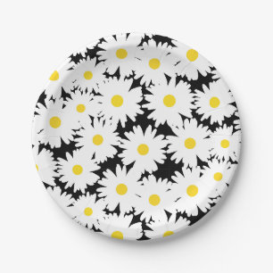 Negatieve Space Daisies wit geel op zwart Papieren Bordje