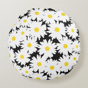 Negatieve Space Daisies wit geel op zwart Rond Kussen