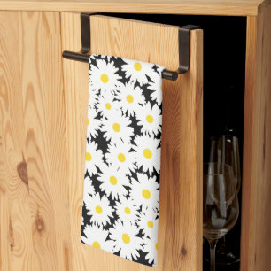 Negatieve Space Daisies wit geel op zwart Theedoek