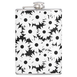 Negatieve Space Daisies wit op zwart Heupfles