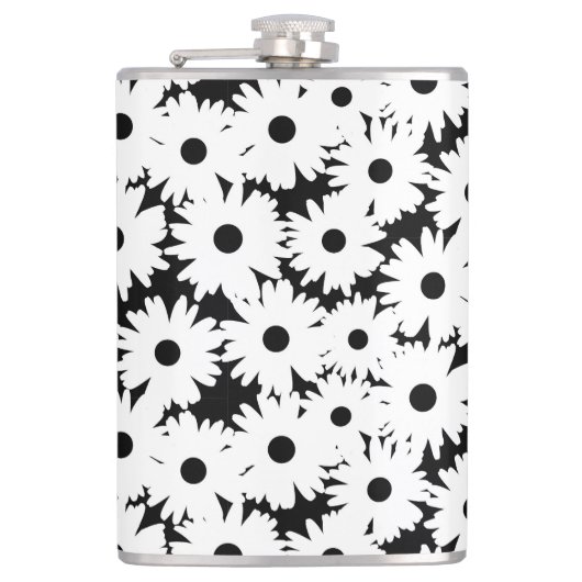 Negatieve Space Daisies wit op zwart Heupfles (Voorkant)