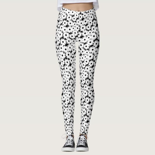 Negatieve Space Daisies wit op zwart Leggings (Voorkant)