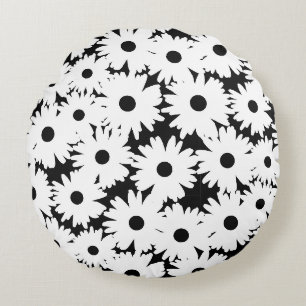 Negatieve Space Daisies wit op zwart Rond Kussen