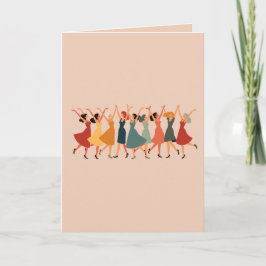 Negen Dames Dansen Midden-Eeuws Retro Uitknipsel 3 Feestdagen Kaart