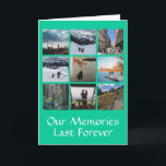 Negen Foto Collage Aangepaste Wenskaart Kaart<br><div class="desc">Deze doordachte wenskaart bevat negen foto's in een eenvoudige rasterlay-out met bewerkbare tekst, d.w.z. titel, jaar of bericht aan de onderkant in twee handige rijen. Klik op personaliseren om uw foto's toe te voegen en elke foto past op zijn plaats. Maakt een prachtig cadeau voor uw echtgenoot, kinderen, familie, vrienden,...</div>