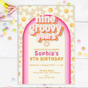 Negen groovy jaren Daisy Rainbow verjaardagsuitnod Kaart