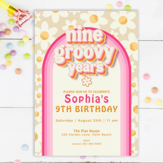 Negen groovy jaren Daisy Rainbow verjaardagsuitnod Kaart