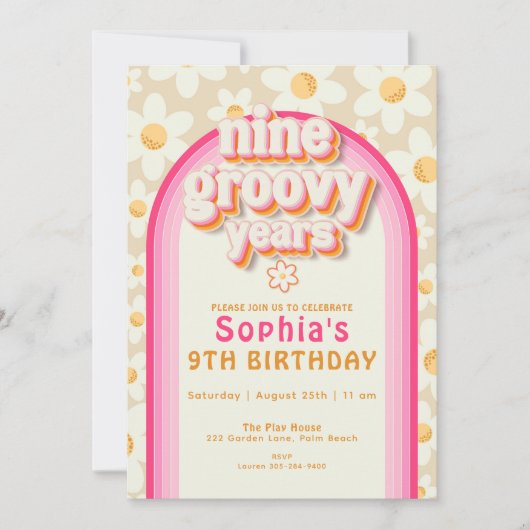 Negen groovy jaren Daisy Rainbow verjaardagsuitnod Kaart (Voorkant)