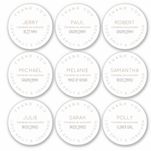 Negen individuele namen dank u bruids partij klein sticker (Voorkant)