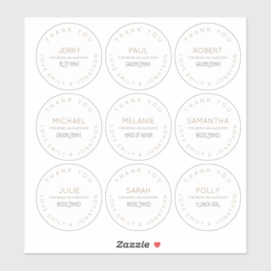 Negen individuele namen dank u bruids partij klein sticker (Vel)